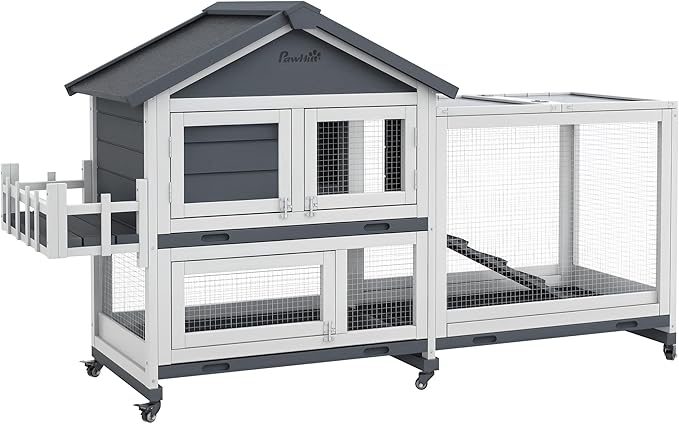 PawHut 65" Wooden Rabbit Hutch, Guinea Pig Hutch, Pet Playpen with Openable Roof, Bunny House Enclosure with Wheels, Storage Box, Slide-Out Tray, Ramp for Rabbits, Chickens, Ducks, Gray