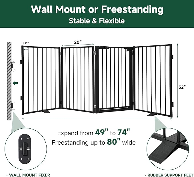 Snagle Paw Metal Freestanding Dog Gate with Door, 80” W x 32” H Dog Fence with Support Feet for Doorways, Stairs and Hallways, Portable Pet Gate for Indoor Use (4 Panel, Black)