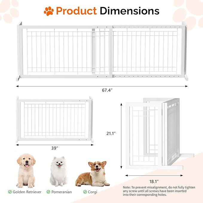 Bonnlo Free Standing Dog Gate, 37" - 68" Wide Pet Gate for Fireplace Stairs Doorways, Metal Adjustable Pet Fence Indoor, Christmas Tree Gate (Metal-White)