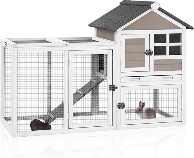 Aivituvin 51.6''L Rabbit Hutch Outdoor Chicken Coop Indoor Bunny Cage with Run,Guinea Pig House Pull Out Upper Tray 51.6" L x 25.2" W x 36.2" H (Brown)