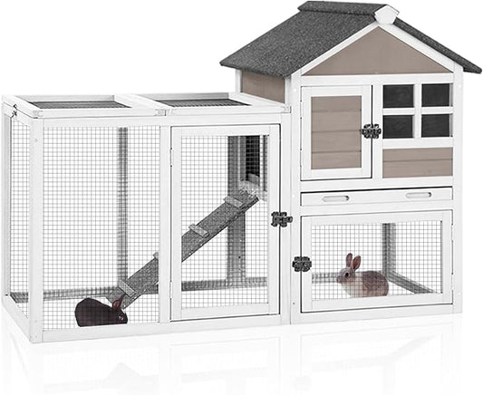 Aivituvin 51.6''L Rabbit Hutch Outdoor Chicken Coop Indoor Bunny Cage with Run,Guinea Pig House Pull Out Upper Tray 51.6" L x 25.2" W x 36.2" H (Brown)