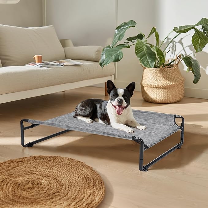 Veehoo 35" Medium Raised Dog Bed, Washable Dog Cot with Headrest Sides, Outdoor Elevated Dog Bed with Non-Skid Feet, Breathable Mesh, Portable Pet Hammock for Indoor or Camping, Black Silver