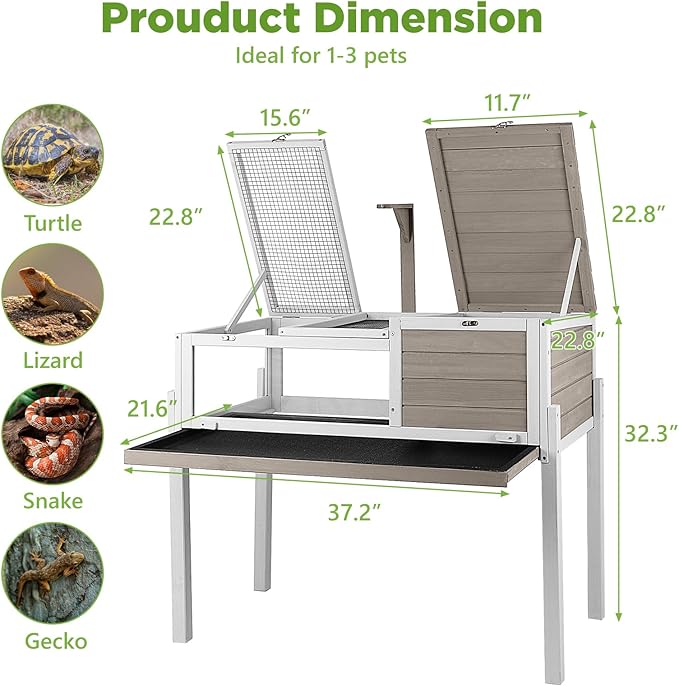 Standing Tortoise Habitat with Lamp Holder in Indoor & Outdoor, Wooden Turtle Enclosure Table with Detachable Legs, Leakproof Tray, Openable Roof for Tortle, Lizard, Chameleon, Grey