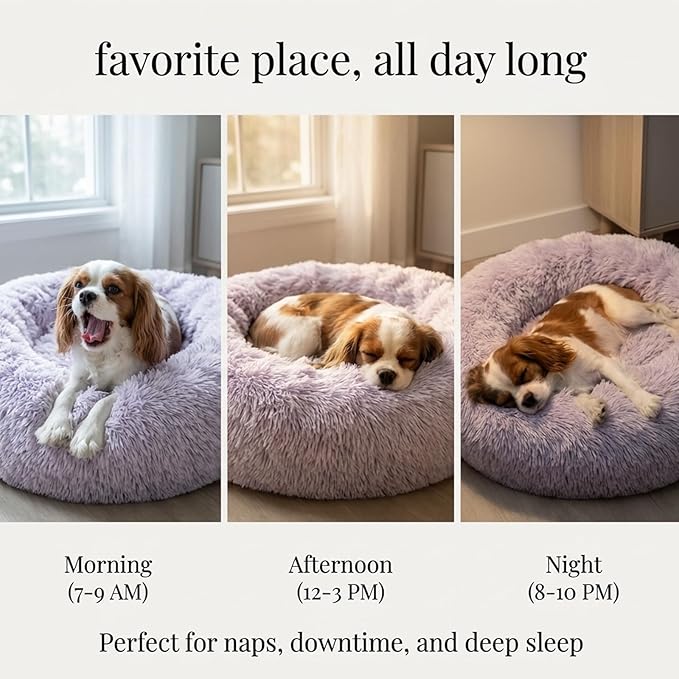 Calming Dog Bed for Medium Dogs Washable Donut 30 inches Anti-Slip Pet Bed,Round Fluffy Plush Faux Fur Cat Bed,Fits up to 45 lbs Pets,Gradient Purple