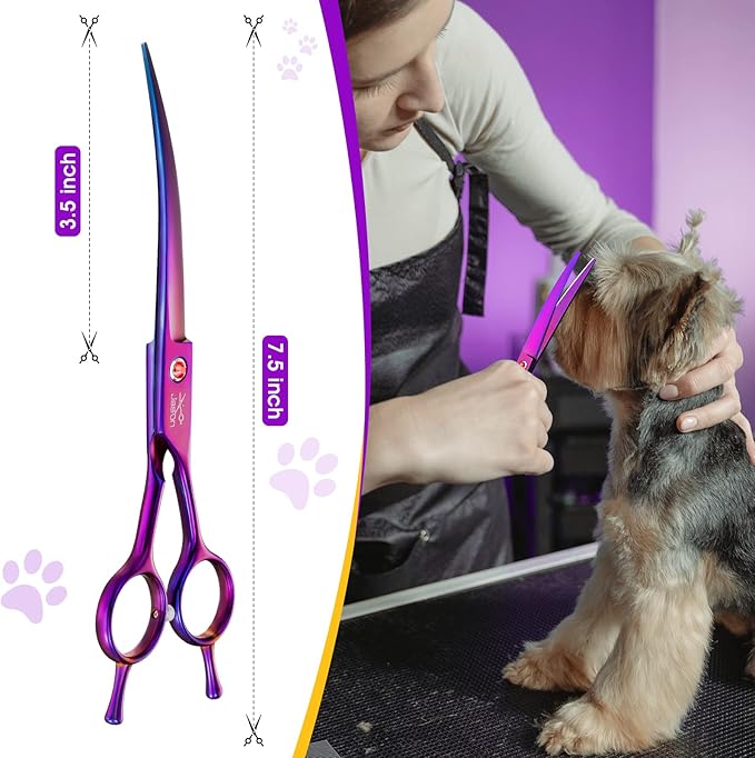 JASON 7" Dog Grooming Scissor - Professional Down-curved Shear with Ergonomic Handle Japanese Stainless Steel Trimming Scissor for Dogs, Cats and Other Pets, Sharp (Curved, Purple) Christmas Gift