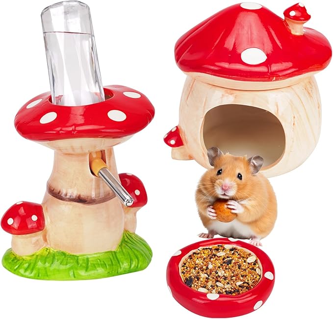 Ceramic Hamster Cage Accessories: Set Include Mushroom Hamster Hideout, Water Bottle and Food Bowl, Ideal for Gerbils and Guinea Pigs