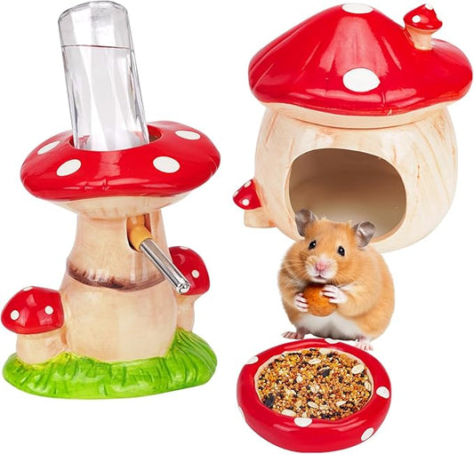 Ceramic Hamster Cage Accessories: Set Include Mushroom Hamster Hideout, Water Bottle and Food Bowl, Ideal for Gerbils and Guinea Pigs