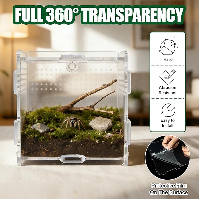 Transparent Jumping Spider Enclosure, Acrylic Reptile Terrarium Enclosure, Small Reptiles Habitat Tank Breeding Box for Tarantula Insect (Small)