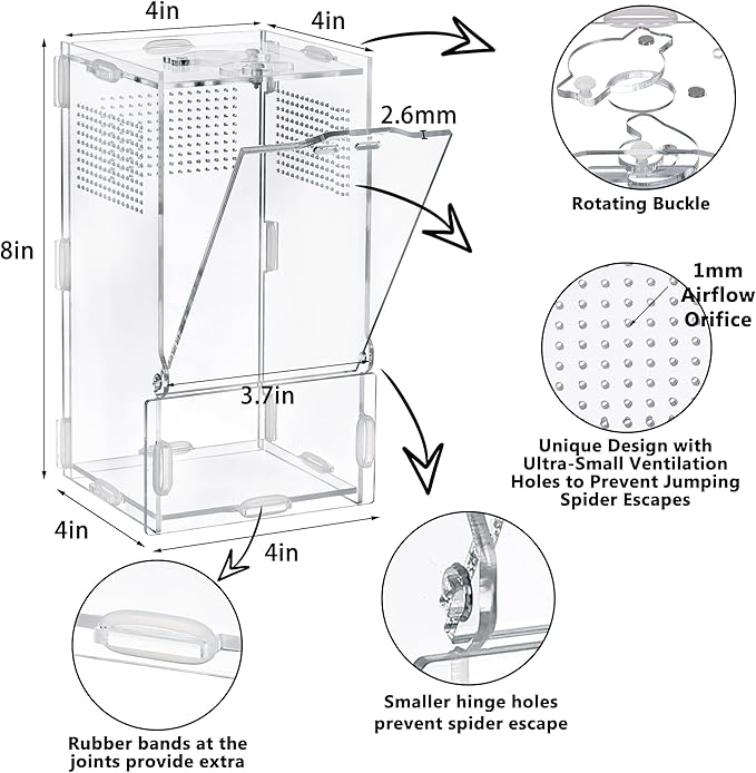 VERTUPET 4"x4"x8" Acrylic Jumping Spider Enclosure, Clear Arboreal Reptile Habitat Tank with Secure Locking Latch for Frogs, Crickets, and Snails, New