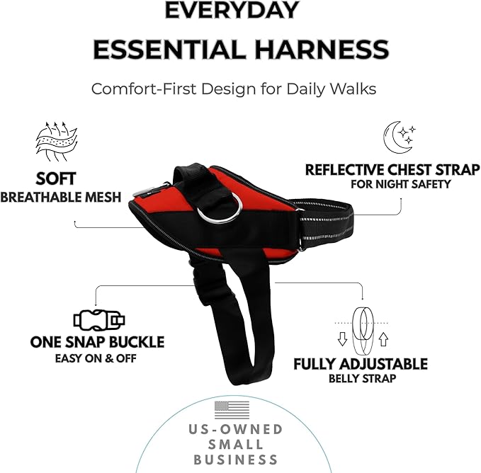 ShawnCo Essential Dog Harness, No-Pull Pet Vest with 3 Leash Clips, No Choke, Reflective, Adjustable and Padded, for Easy Walking and Training for Small, Medium and Large Dogs (Mustang Red, L)