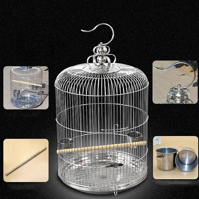 Bird Cage Hanging Bird Cage Stainless Steel Round Bird Carriers Portable for Travel Flying Bird Cage for Home Bird Nests Novel Design，30cm
