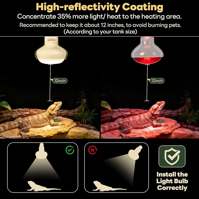 Reptile Heat Lamp Bulbs, 2 Pack 100W Reptile Heat Bulbs UVA Daylight Basking Bulb and Infrared Heat Lamp Red Night Light Bulb Combo for Bearded Dragon Chameleon Turtle Snake Gecko Lizard Chicken Tank