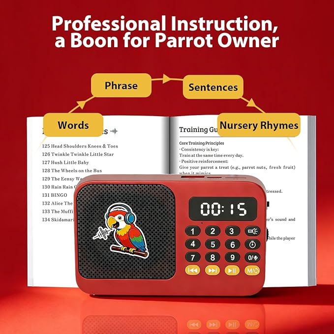 Parrot Talking, Whistling & Singing Training Player – 134 Professional Audio Tracks with Loop Playback &Self-Custom Audio, Includes Training Guide for Beginners & Busy Individuals (Red)