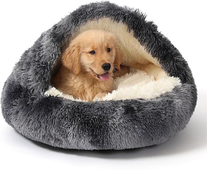 NOYAL Round Hooded Donut Dog Bed for Small & Medium Pets - Plush Fluffy Anti-Anxiety Cat Cave Bed with Cover
