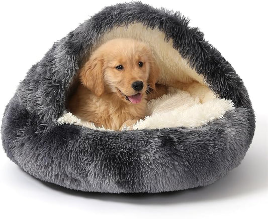 NOYAL Round Hooded Donut Dog Bed for Small & Medium Pets - Plush Fluffy Anti-Anxiety Cat Cave Bed with Cover