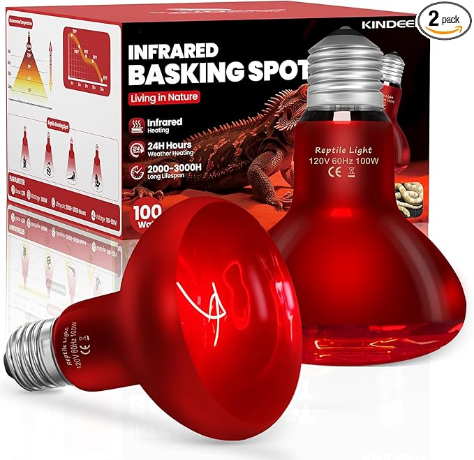 KINDEEP Infrared Heat Lamp Bulbs: 100W Reptile Heat Light 2 Pack - Red Basking Spot Light Bulbs Reptile Heating lamp for Lizard Bearded Dragon Turtle Snake Leopard Gecko Tortoise Chickens
