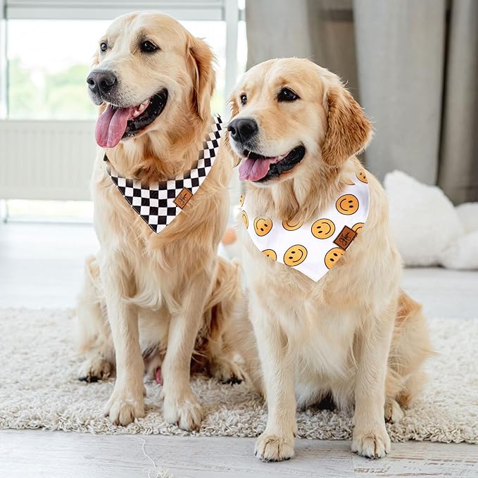 JarThenaAMCS 2Pcs One Happy Dude Dog Bandana Boho Smile Face Checkerboard Print Fabric Pet Scarf Medium Sizes Adjustable Pet Neckerchief Bibs for Cat Dog Birthday Costume Accessories