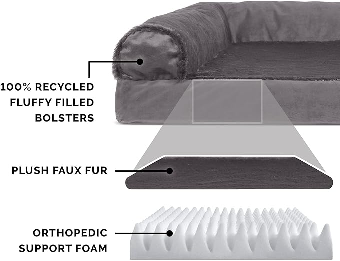 FurHaven Orthopedic Dog Bed & goDog Toy - Squeaky Plush Dino with Chew Guard for Large Dogs - Plush & Velvet L Shaped Chaise - Platinum Gray, Jumbo/XL