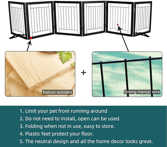 ZJSF Freestanding Dog Gate Indoor, Foldable Dog Fence for Doorways,Hallways or Stairs, Sturdy Wood Extra Wide Pet Gate with Support Feet,Black,24 "Height-6 Panels