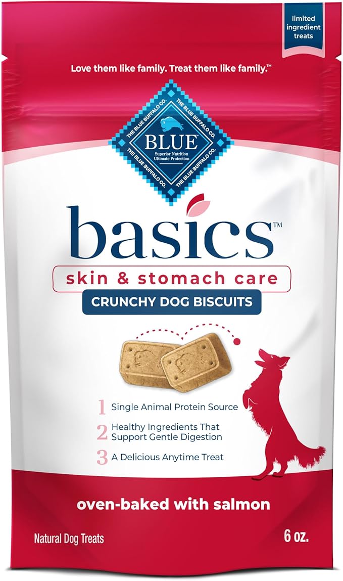 Blue Buffalo Basics Crunchy Dog Biscuits for Skin & Stomach Care, Limited Ingredient Diet Dog Treats, Salmon & Potato Recipe, 6-oz. Bag (Pack of 6)