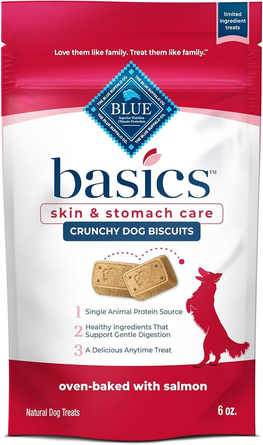 Blue Buffalo Basics Crunchy Dog Biscuits for Skin & Stomach Care, Limited Ingredient Diet Dog Treats, Salmon & Potato Recipe, 6-oz. Bag (Pack of 6)