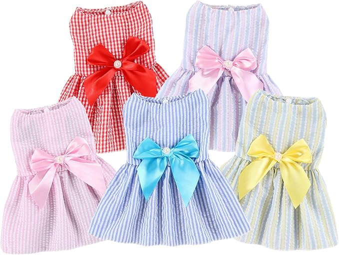 TAPBULL Dog Dresses, Fashionable Pet Dog Clothes, Cute Cat Birthday Dress Outfit (Blue/Red/Pink/Pink-Blue/Yellow-Blue 5-Pack), Medium