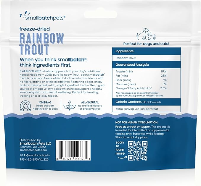 smallbatch Pets Freeze Dried Cat & Dog Treats, 2oz - Rainbow Trout, Organic High Protein Treats, Omega 3 Fatty Acids, Gluten Free, Grain Free, Made in the USA, Ethically Sourced, Single Protein