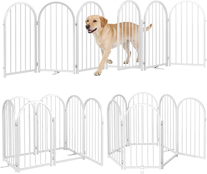 PUPETPO Full Metal Dog Gate with Door for Indoor Outdoor, 32" Tall Free Standing Pet Dog Fence, 108" Extra Wide Pet Gates for Stairs, Hallways, Doorways, Kitchen, Decks, Yards (White, 6 Panels)