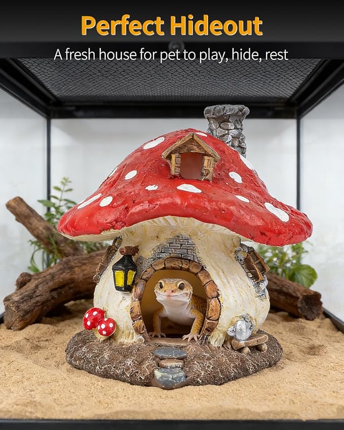 Uniclife Reptile Decoration, Mushroom House for Reptiles, Realistic Resin Terrarium Mushroom Cottage Decorations, Tortoise Decor Tank Accessories for Turtle, Gecko, Lizard & Bearded Dragon