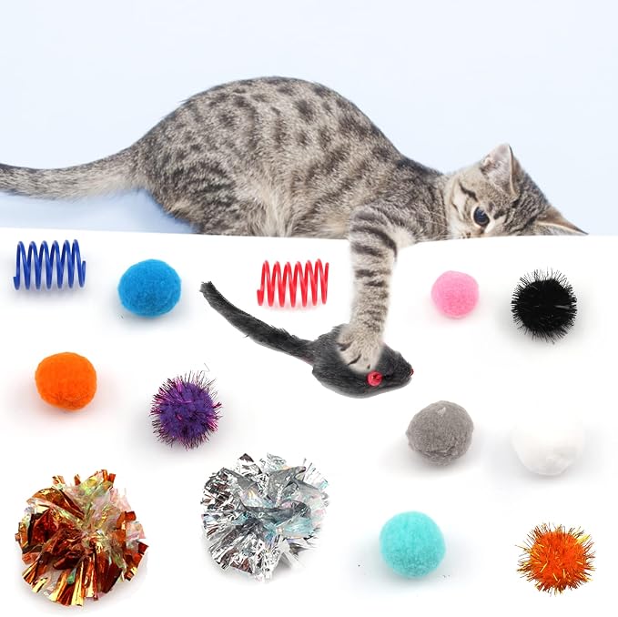 60 Pack Cat Toys - Assorted Kitten, Mouse, Crinkle & Pom Pom Balls - Image 4