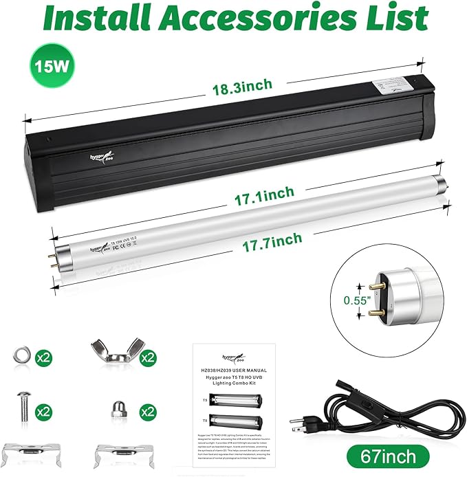 UVB Light for Reptiles Bearded Dragon, T8 UVB Reptile Light Fixture HO UVB Bulb Lighting Combo Kit 10.0 18W UVA UVB Reptile Light Bulb Terrarium Lamp Tube Bar for Snake Gecko Turtle Lizard, 24 Inch