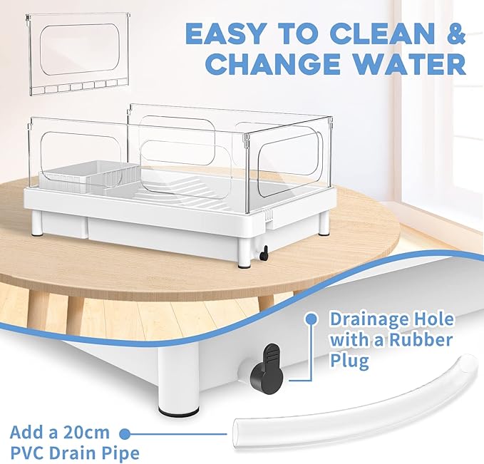 MoonOrange Small Turtle Tank, Acrylic Turtle Terrarium with Basking Platform, Bottom Drainage, Multi-Function Areas for Turtles, Crabs, Crayfish, Small Reptiles (White Tank)