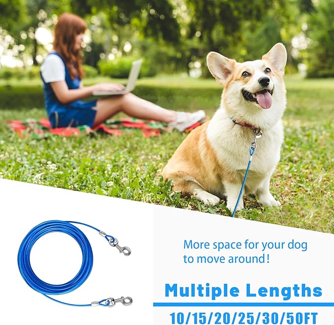 Dog Tie Out Cable 10/15/20/25/30/50 FT Runner for Yard Steel Wire Cable Blue Dog Chains for Outside Dogs Lead for Large Dogs Up to 165 lbs