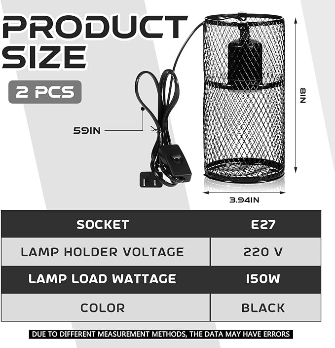 VIHOSE 2 Pcs Reptile Heat Lamp Guard with 150W Ceramic Heat Emitter Basking Anti Scald Heating Lamp Holder Mesh Cage Reptile Protection Lampshades for Lizard Snake Chick, Bulb Not Included (Black)