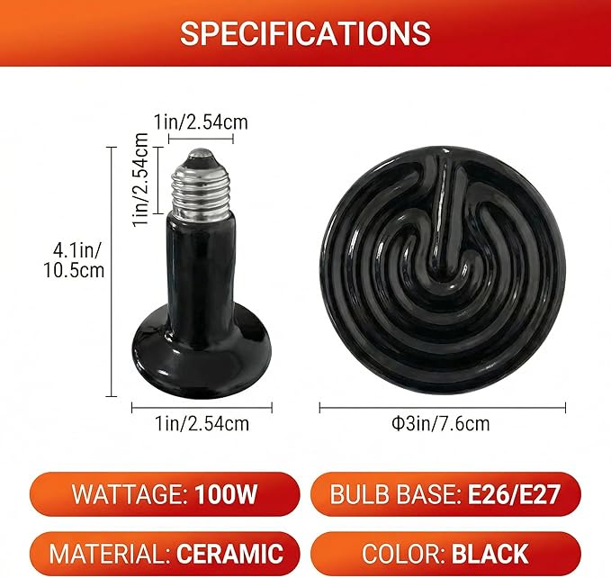 2Pcs 100W Reptile Heat Lamp Ceramic Emitter, Ceramic Heat Lamp for Cats, Chickens, Parrots, Reptiles and Small Animals (Black 110V 100W)
