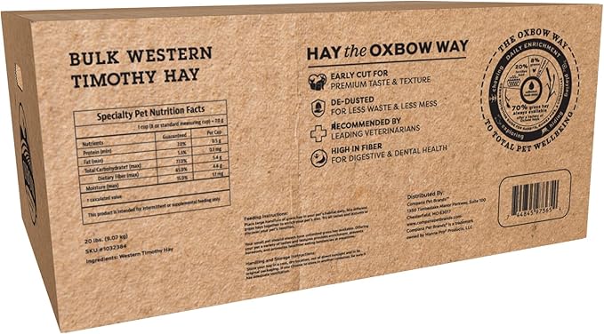 Oxbow Timothy Hay, Rabbit & Guinea Pig Hay, High Fiber for Digestive Health, Grown in The USA, Veterinarian Recommended Small Pet Supplies, Bulk Food for Rabbits, Guinea Pigs, & Chinchillas, 20 lbs