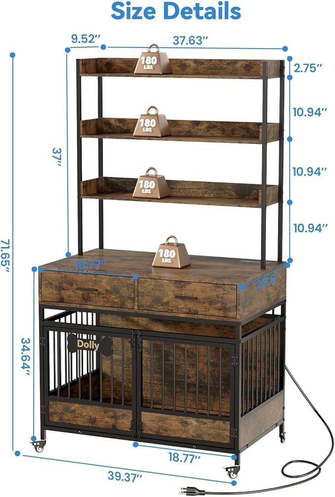 Petrova 40" Dog Crate Furniture with LED Light & 2 Storage Drawers, Heavy Duty Indoor Dog Kennel for Medium/Small Dogs, Wooden Dog Cage with Power Outlets, Charging Station, Lockable Wheels, Brown