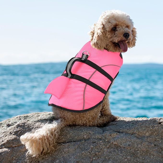 Queenmore Small Dog Life Jacket,Shark Dog Life Vest for Swimming,Puppy Light Life Preserver for Boating kayaking Canoeing,Pet Reflective Lifesaver with High Buoyancy,Rescue Handle,Leash Hook (Pink,XS)