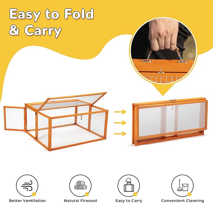 COZIWOW Chicken Coop Pen Portable Wooden Rabbit Hutch - Folding Indoor & Outdoor Chicken Cage Brooder with UV-Proof Panel, Top and Side Openable Doors, Includes 4X Garden Stakes, 43.3 Inch (Orange)