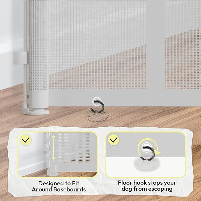 34" H Tall Mesh Dog Gate Extends Up to 200" W Retractable Pet Gate with Drill Installation, Preventing Crawling Through for Stairs, Doorways, Indoor & Outdoor (White)