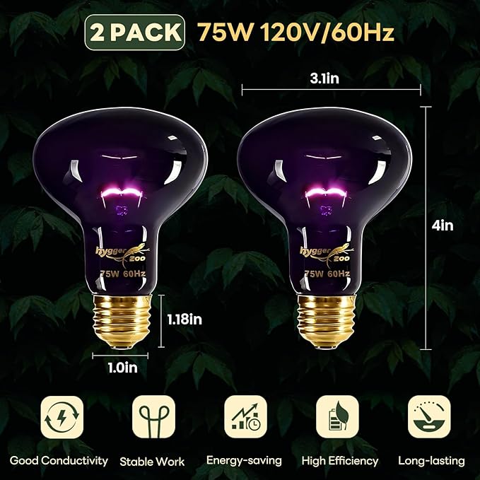 Reptile Heat Lamp, 2 Pack 75W Heat Lamp Bulbs Reptile Night Heat Bulb Basking Light for Bearded Dragon Chameleon Turtle Snake Gecko Lizard Chicken Tank Accessories, Purple
