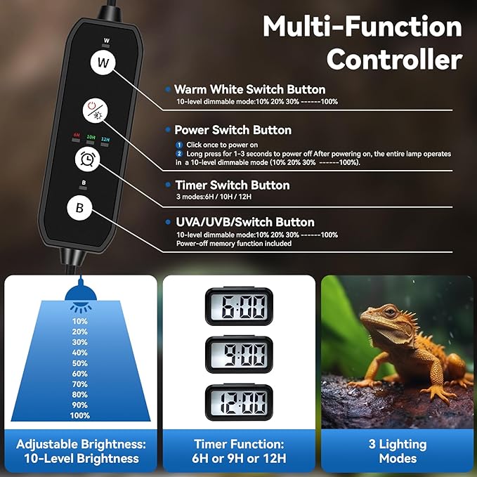 HNRLOY UVB Reptile Light, 9W UVA UVB Dimmable LED Reptile Lamp for Bearded Dragon, Chameleon, Turtles, Gecko, Snake, Lizard, Adjustable 6/10/12H Timer, Dimmable with 3 Lighting Modes