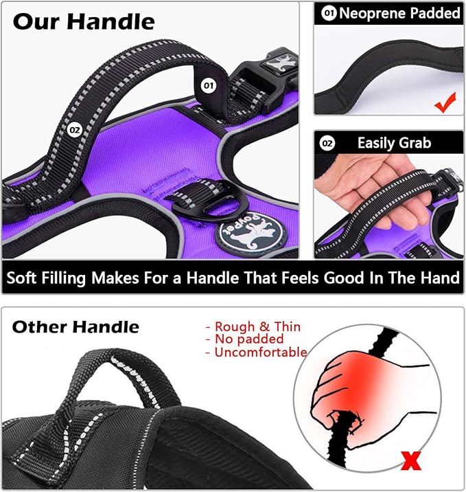 PoyPet No Pull Dog Harness, No Choke Front Clip Dog Reflective Harness, Adjustable Soft Padded Pet Vest with Easy Control Handle for Small to Large Dogs(Purple,L)