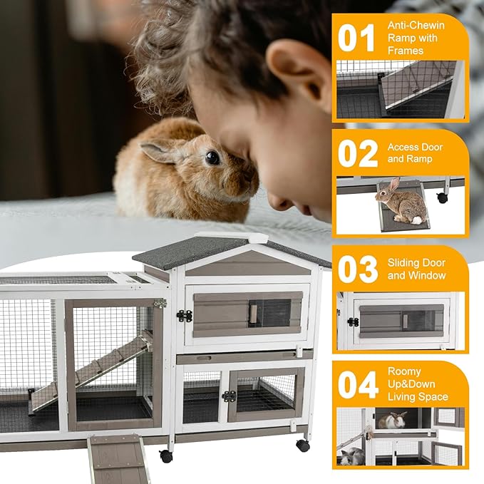 Rabbit Hutch Indoor and Outdoor 2-Story Rabbit Cage with Pull Out Tray,Fir Wood Pet House with Wooden Ramp,Waterproof Bunny Cage Indoor with 2 Asphalt Roofs,Grey (55.3" L x 21.5" W x 34.5" H)