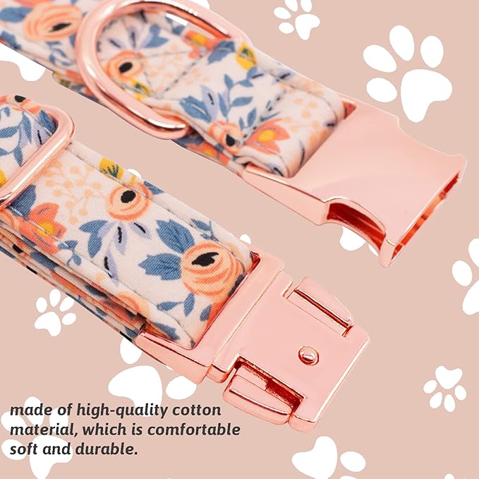 Dog Collar and Leash Set Girls Adjustable Puppy Collars with Floral Bow Tie for Small Medium Large Female Dogs, Orange Flower, L