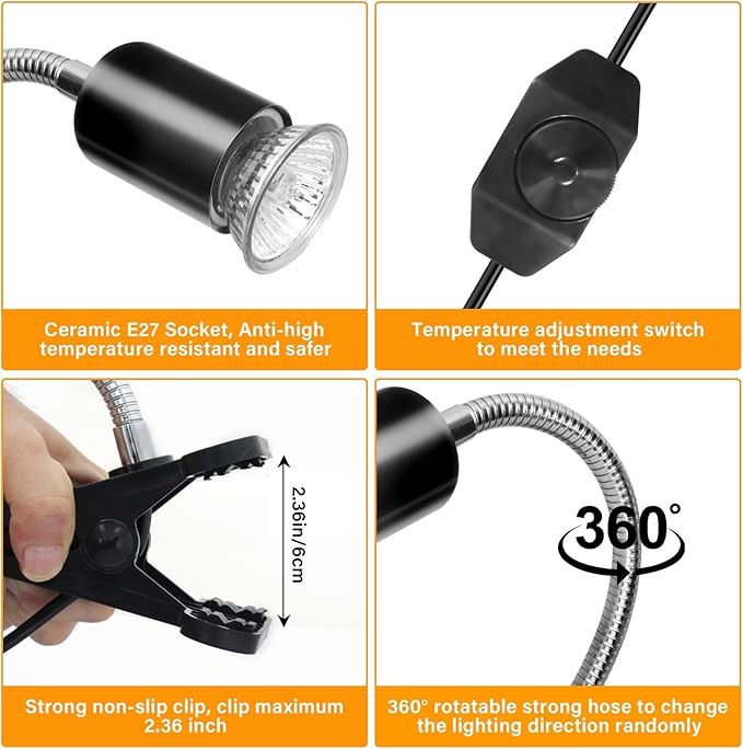 Reptile Heat Lamp with 2 Pcs 50W UVA UVB Light Bulb, 360° Rotatable Basking Spot Light Simulated Sunlight, Dimmable Heating Lamp for Turtle, Lizard, Snake, Beared Dragon, Amphibians