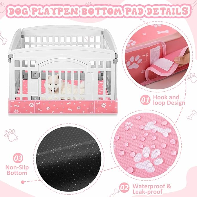 2 Pack Dog Playpens Cover and Bottom Mat Fits for 36 Inch 4 Panels Pet PlayPen, Dog Crate Cover Puppy Exercise Pad, Reusable Washable, Hoop and Loop Design, Playpen Not Included(Pink)