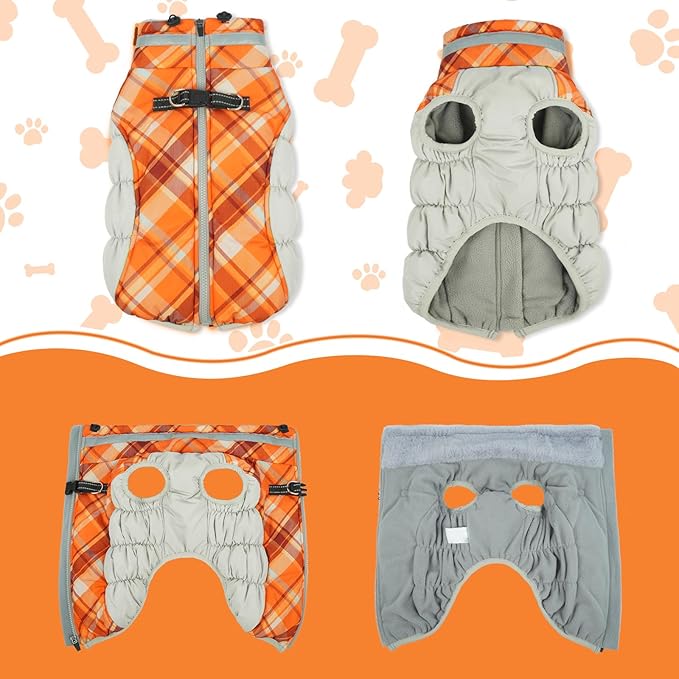 Lelepet Warm Dog Winter Coat Dog Coats for Medium Dogs Waterproof Dogs Jacket with Harness Built in Reflective Cold Weather Coats Windproof Zip-Up Winter Fleece Vest Snowsuit Dachshund Orange Plaid
