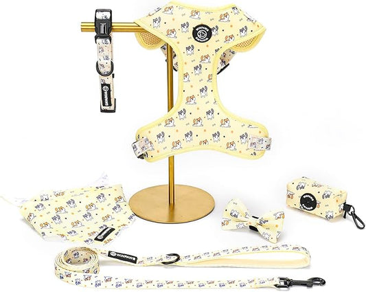 Dog Harness and Leash Collar Set with Dog Poop Bag Holder and Bandanas, Escape Proof Adjustable Puppy Cat Vest with Soft Mesh Padded, Pet Supplies for Small Medium Large Dogs Kitten(Yellow Puppy, M)