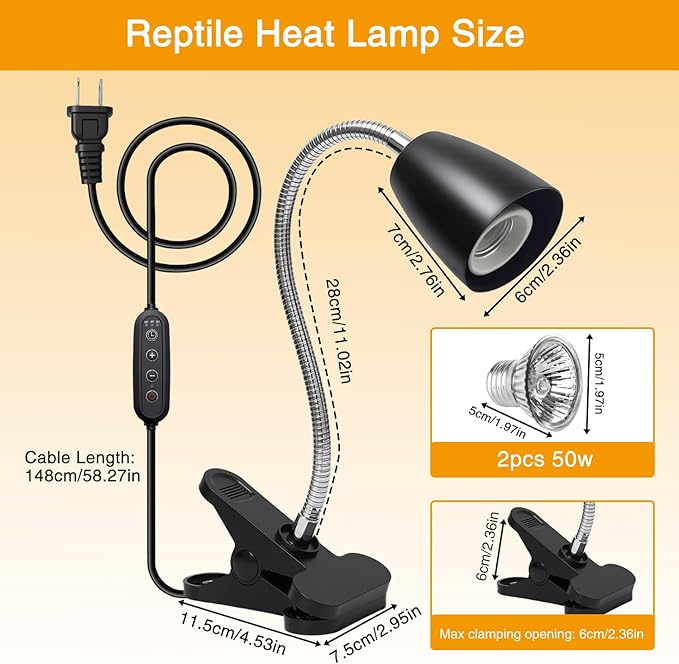 Reptile Heat Lamp with 2Pcs 50W UVA UVB Bulb, Turtle Heater Light with 360 Rotatable Basking Light with Clamp and Cycle Timer for Turtle Lizard Snake Amphibians